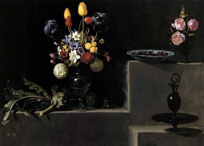 HAMEN, Juan van der Still Life with Flowers, Artichokes, Cherries and Glassware Germany oil painting art
